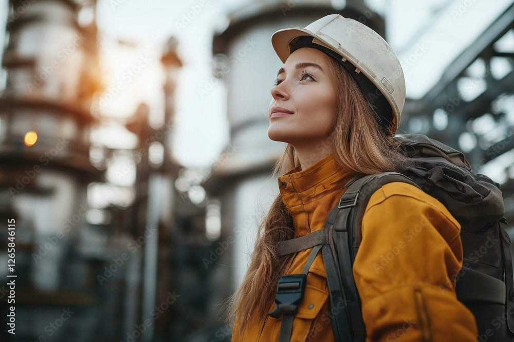 A female engineer observes the surroundings of an oil refinery while wearing safety gear, ready to tackle industry challenges A female engineer observes the surroundings of an oil refinery while wearing safety gear, ready to tackle industry challenges