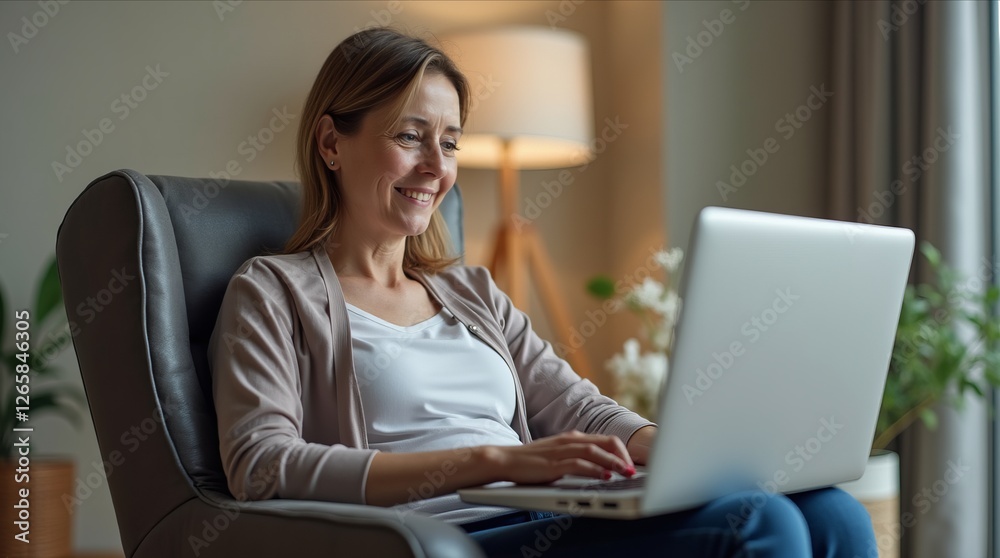 A smiling woman sitting in a comfortable chair using a laptop at home. Warm lighting and cozy atmosphere with soft furnishings create a relaxing setting A smiling woman sitting in a comfortable chair using a laptop at home. Warm lighting and cozy atmosphere with soft furnishings create a relaxing setting