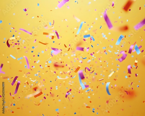 Bright confetti in motion, with streamers on a warm yellow background.