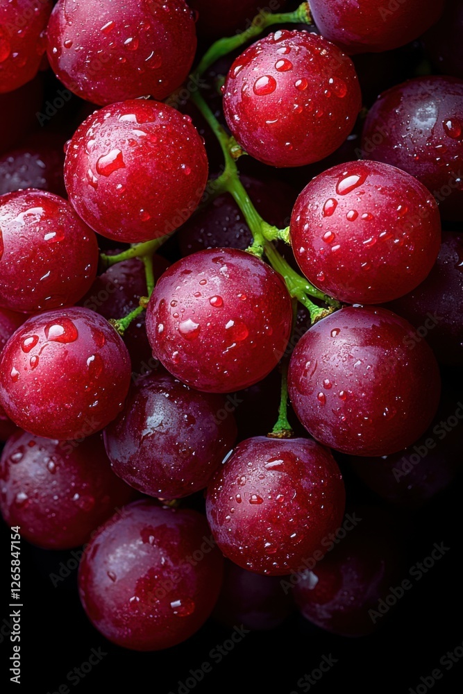 Fresh dew-drizzled red grapes cluster on black background Fresh dew-drizzled red grapes cluster on black background