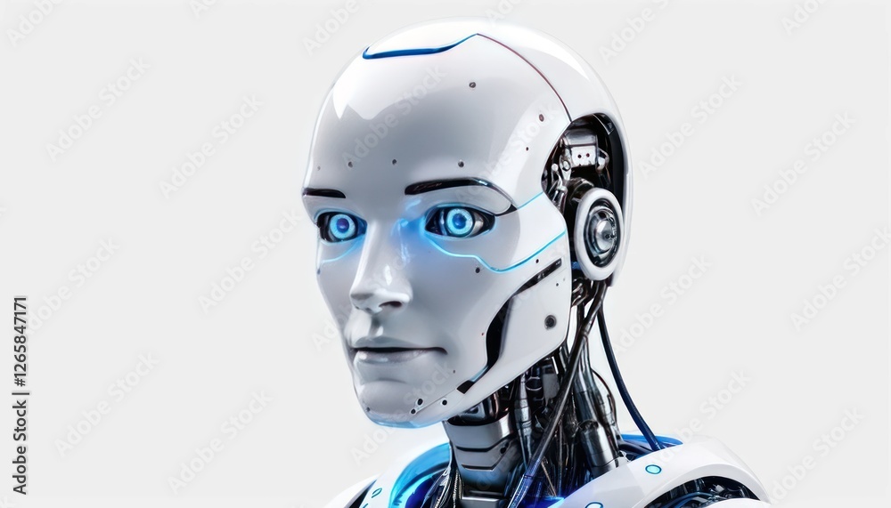 A realistic AI robot with a sad expression, looking downward with soft blue LED lights, highly detailed design, isolated on a white solid background A realistic AI robot with a sad expression, looking downward with soft blue LED lights, highly detailed design, isolated on a white solid background