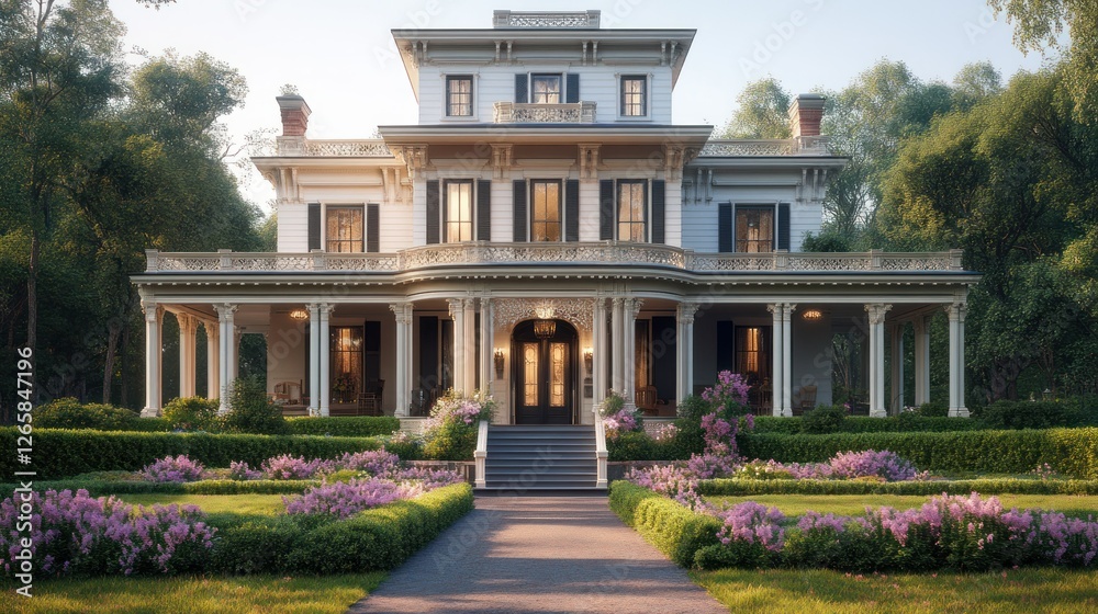 Obraz premium Elegant Historic Mansion in Lush Garden Setting at Sunrise
