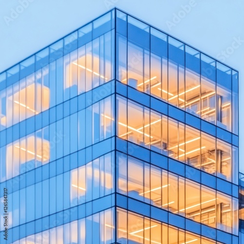 Modern Glass Office Building with Illuminated Interior at Dusk