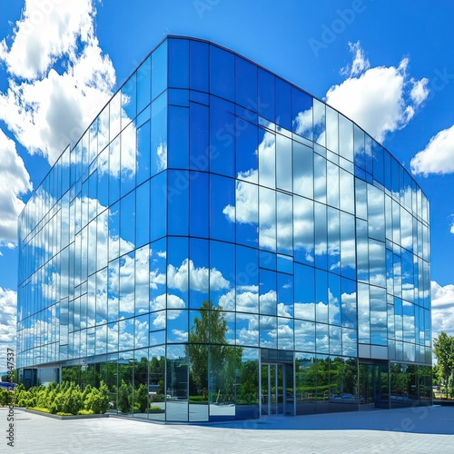 Modern Glass Office Building Reflecting Blue Sky and Clouds