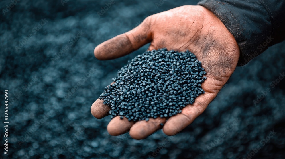 Hand Holding Black Granules Against Dark Background in Industrial Setting Hand Holding Black Granules Against Dark Background in Industrial Setting