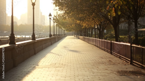 Empty city walkway at sunrise, tranquil urban scene, ideal for relaxation or reflection