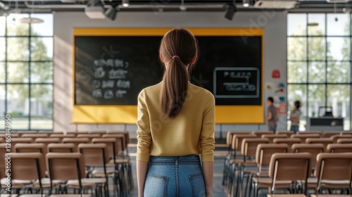 3D visualization of a teacher in front of a chalkboard, with a background featuring a school bus and rows of student chairs photo