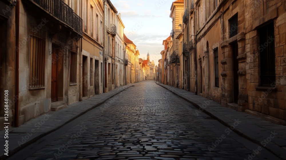 Fototapeta premium Empty cobblestone street in a European city at sunrise