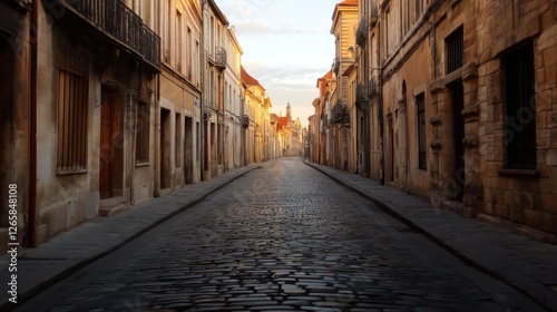 Empty cobblestone street in a European city at sunrise photo