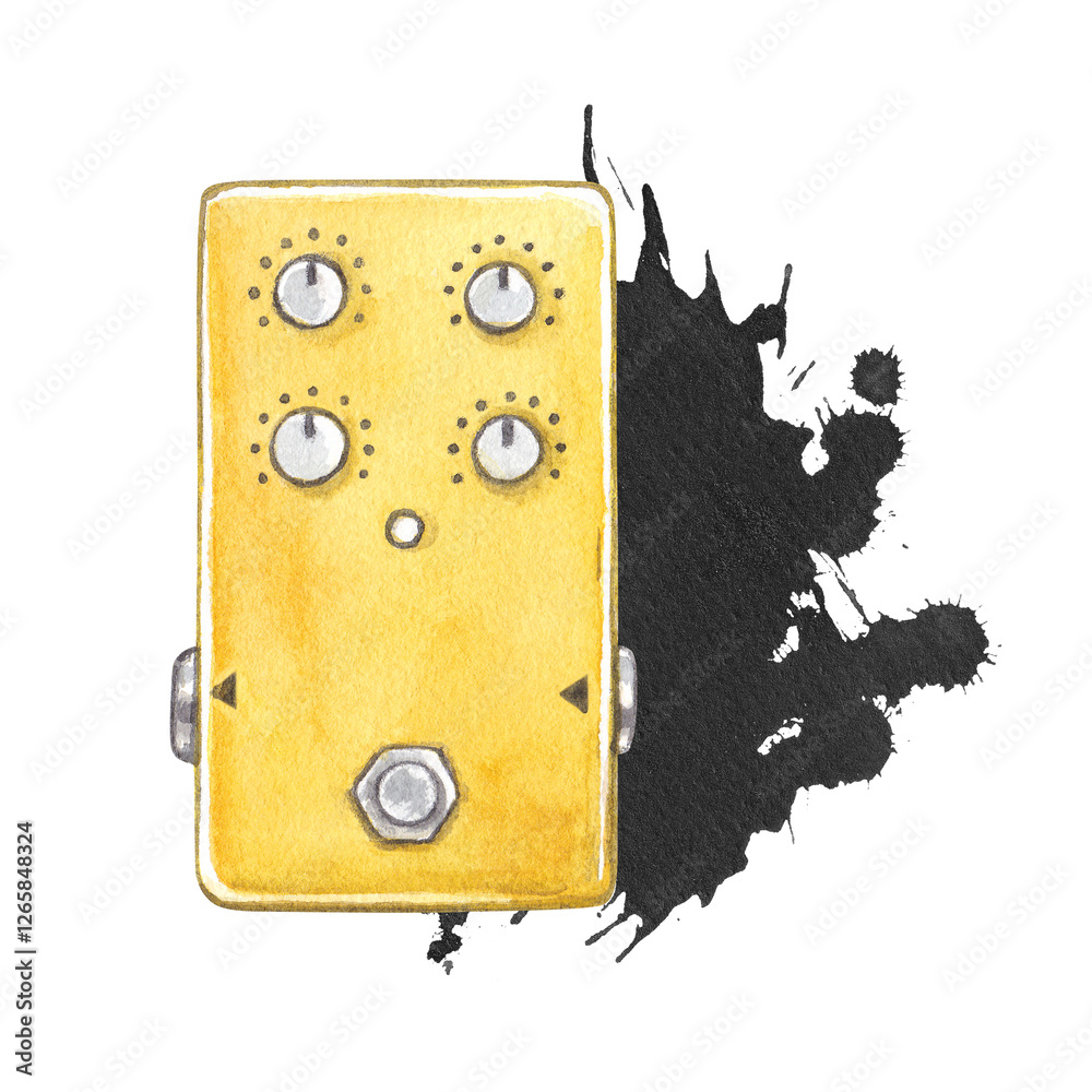Obraz premium Guitar effect pedal. Watercolor hand drawn illustration of a sound effects pedal. Clipart on the theme of music, sound recording, rock, jazz, blues.