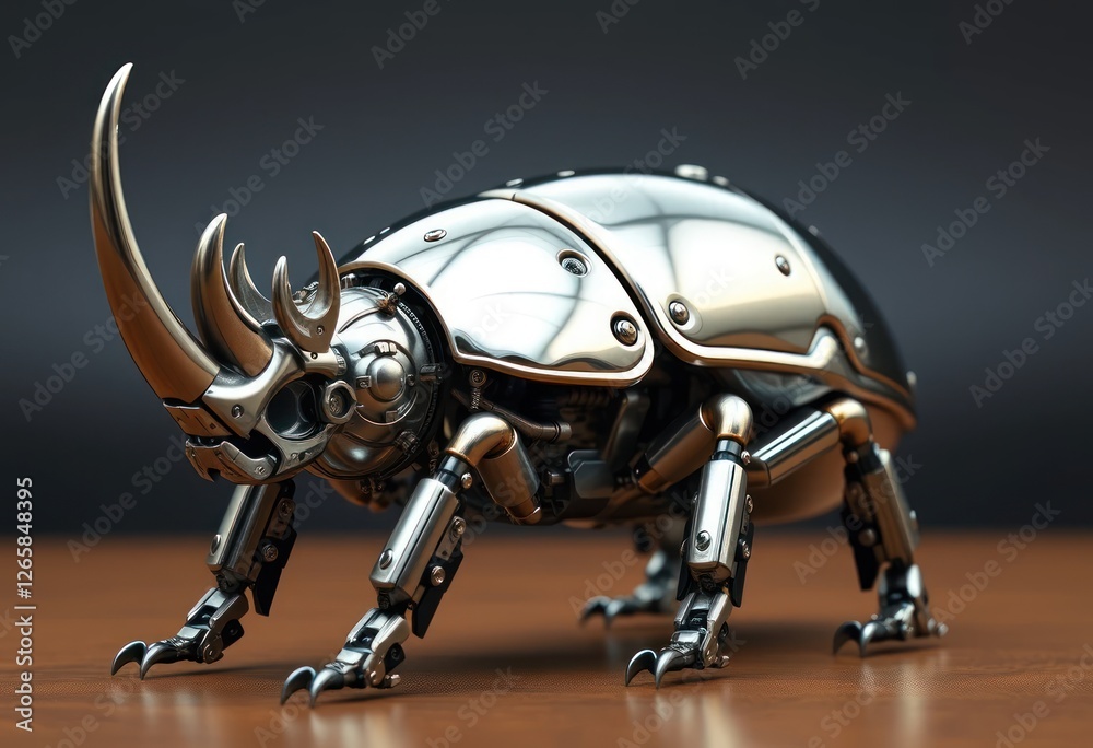 A fully mechanical rhinoceros beetle with a polished chrome shell and hydraulic limbs, ultra-detailed sci-fi design A fully mechanical rhinoceros beetle with a polished chrome shell and hydraulic limbs, ultra-detailed sci-fi design