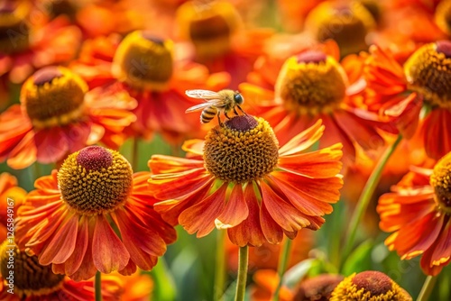 Helenium 'Chipperfield Orange' Flowers with Bee - Vibrant Aerial View photo