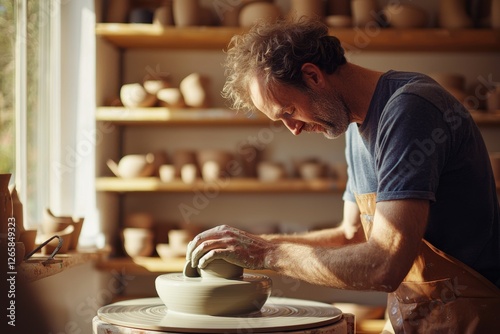 Wallpaper Mural A skilled potter working on a spinning wheel, shaping a clay bowl in a sunlit studio, surrounded by shelves filled with ceramics. Torontodigital.ca