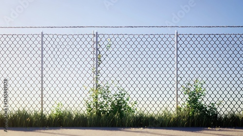 Chain link fence, sunlight, grass, low plants, outdoor