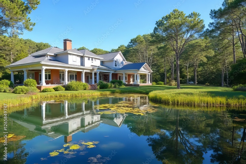 Luxurious House with Pond and Lush Landscaping - Stunning Estate Home Exterior Luxurious House with Pond and Lush Landscaping - Stunning Estate Home Exterior