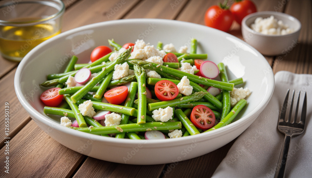 Fresh asparagus salad with cherry tomatoes, radishes, and feta cheese in a rustic kitchen Fresh asparagus salad with cherry tomatoes, radishes, and feta cheese in a rustic kitchen