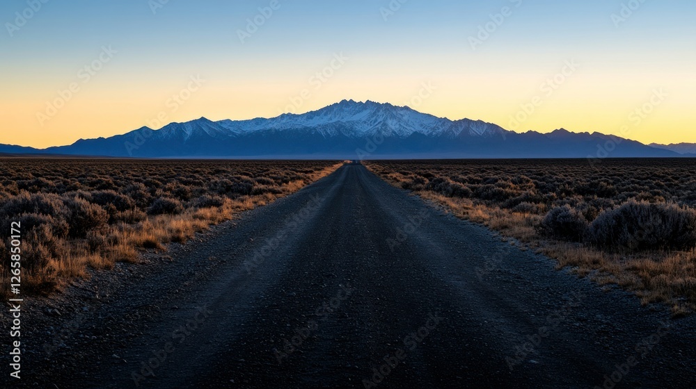 Empty dirt road leading to a mountain range at sunrise Empty dirt road leading to a mountain range at sunrise