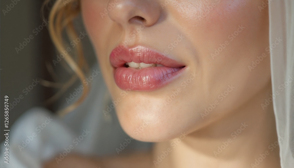 A minimalist beauty shot, only the lips of a bride with a dewy pink gloss, soft-focus background with hints of a wedding dress, luxurious and refined bridal elegance A minimalist beauty shot, only the lips of a bride with a dewy pink gloss, soft-focus background with hints of a wedding dress, luxurious and refined bridal elegance