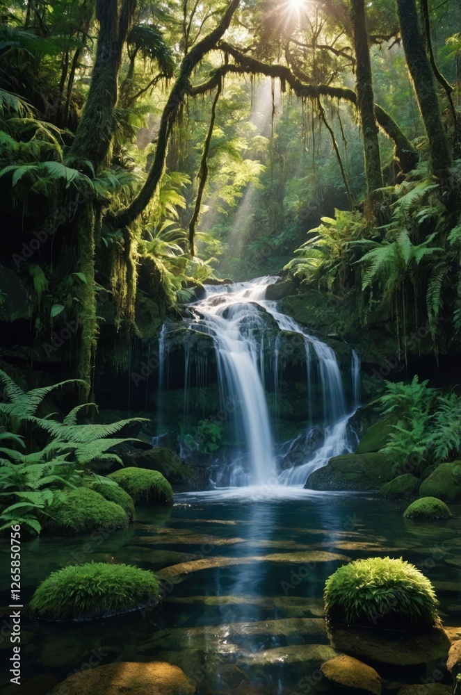 Serene forest scene with a waterfall surrounded by lush greenery and tranquil water. Serene forest scene with a waterfall surrounded by lush greenery and tranquil water.