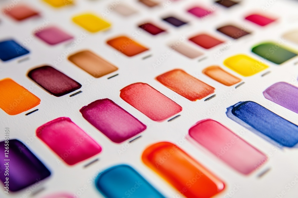Close-up view of ink swatches on white paper reveals an array of vibrant colors created with markers, emphasizing their rich tones and fine details in high resolution Close-up view of ink swatches on white paper reveals an array of vibrant colors created with markers, emphasizing their rich tones and fine details in high resolution
