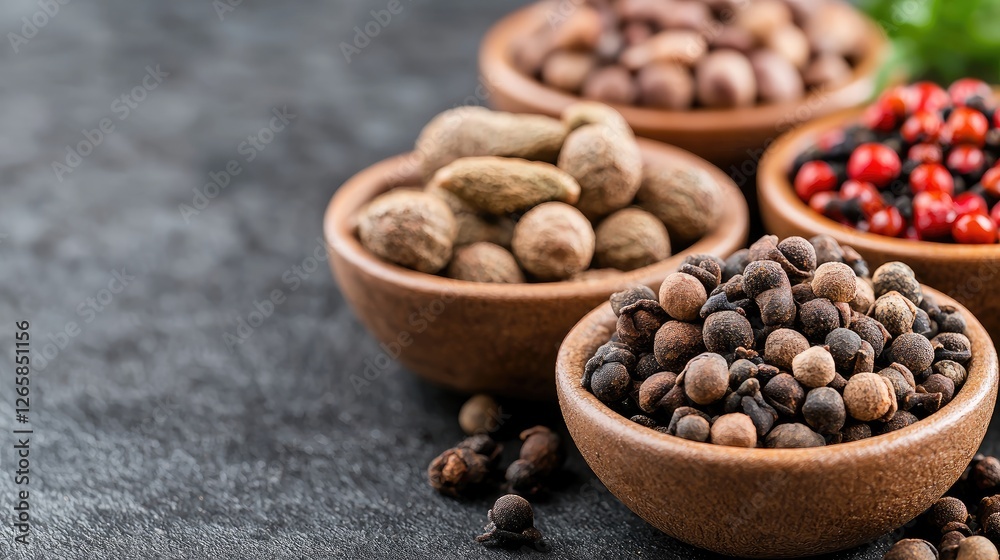 Assorted Spices in Small Bowls on Dark Stone Surface Assorted Spices in Small Bowls on Dark Stone Surface