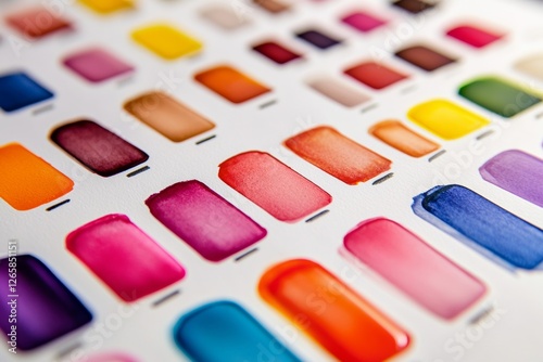 Close-up view of ink swatches on white paper reveals an array of vibrant colors created with markers, emphasizing their rich tones and fine details in high resolution photo