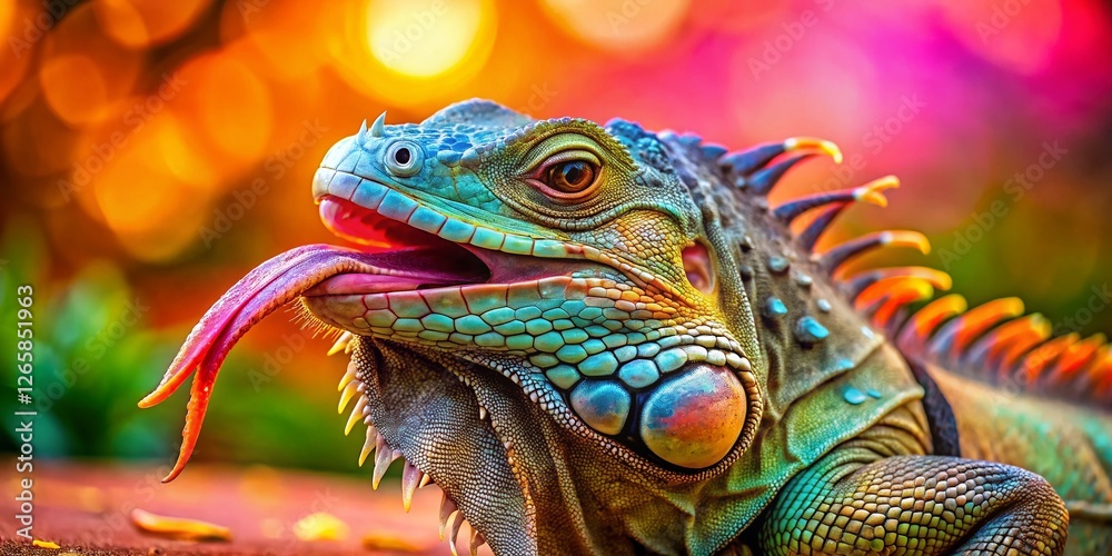 Obraz premium Hilarious Iguana Sticking Out Tongue, Funny Reptile Portrait, Surreal Wildlife Photography