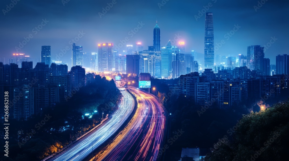 Fototapeta premium Nighttime Cityscape With Light Trails On Highway. Urban Scene With Modern Skyscrapers.