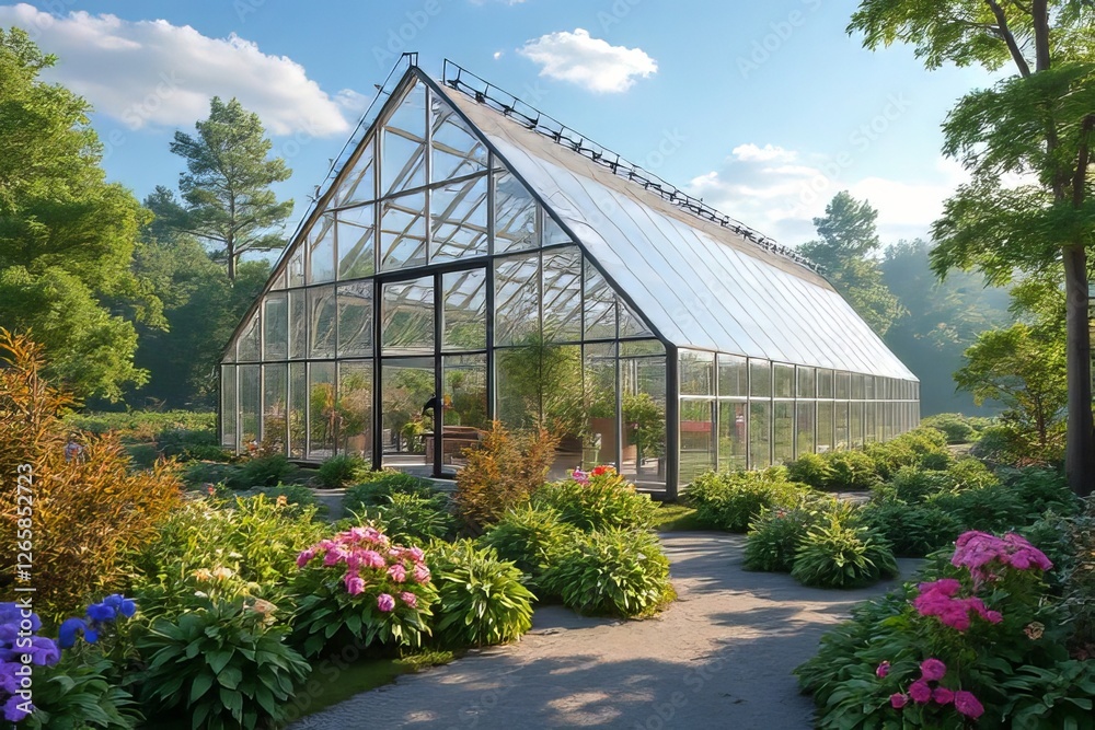 Modern Glass Greenhouse with Lush Garden Landscaping Modern Glass Greenhouse with Lush Garden Landscaping
