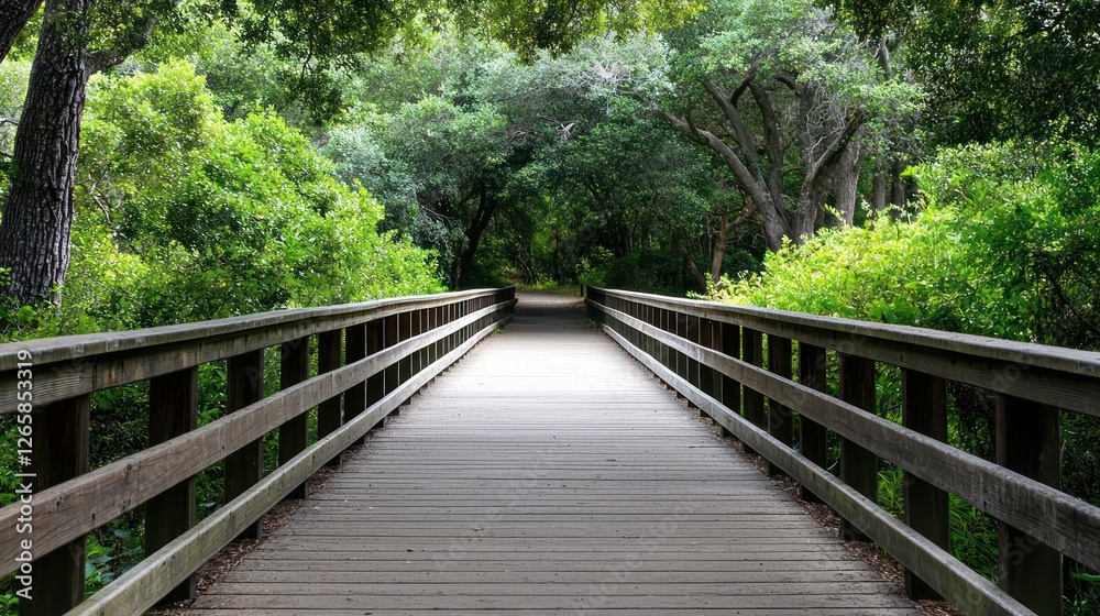 Empty Wooden Bridge Through Lush Green Forest Empty Wooden Bridge Through Lush Green Forest