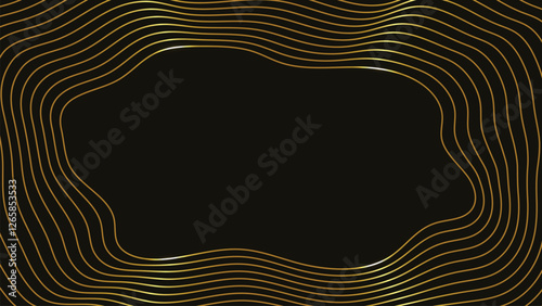 Gold abstract line background. Glowing curved lines. Dynamic wave pattern. Futuristic technology concept. Banner, logo, poster, cover, brochure, flyer, website. Black background. Copy space. Line art.