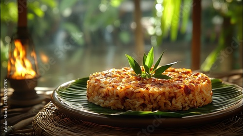 Exotic rice dish on banana leaf, jungle setting, fire, water photo