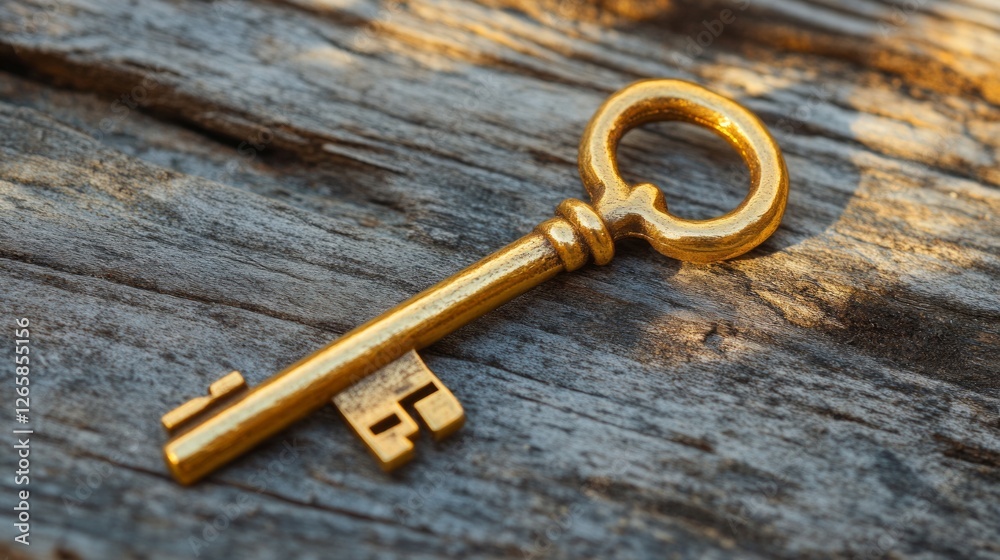 Golden Key On A Wooden Background. Symbol Of Success, Security, And Opportunity. Retro Key Lying On Rustic Wood. Golden Key On A Wooden Background. Symbol Of Success, Security, And Opportunity. Retro Key Lying On Rustic Wood.