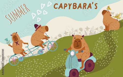 Collage, horizontal banner, background with cute capybara character, summer activities, scooter riding, swimming, crocodile, soccer game. Hand drawn vector.