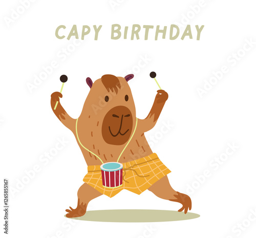 Greeting card or birthday invitation in hand drawn style with cute capybara, with drum.  Funny capybara character. Vector templates for party, event, hand drawn.