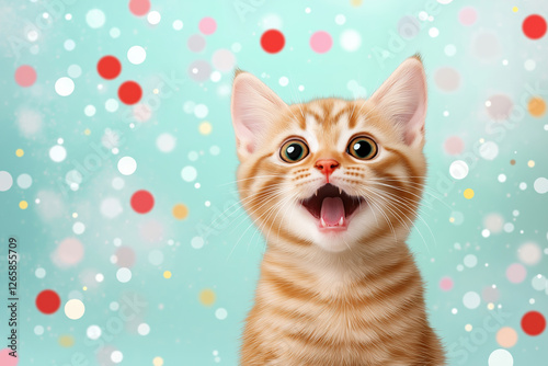 Cute ginger kitten with a joyful expression against a colorful confetti background