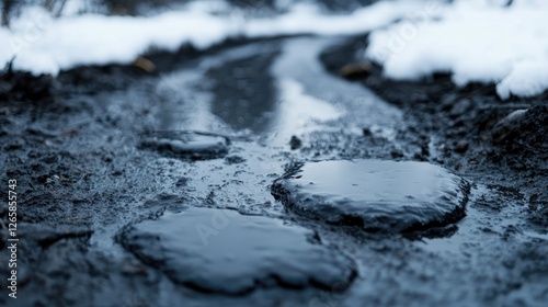 Muddy path in winter with pools of water. Possible use Stock photo for nature, winter, travel, or tourism photo