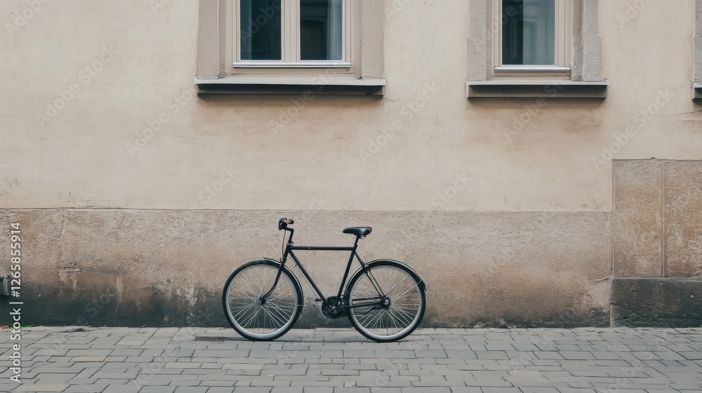 Black bicycle parked beside a beige building Black bicycle parked beside a beige building