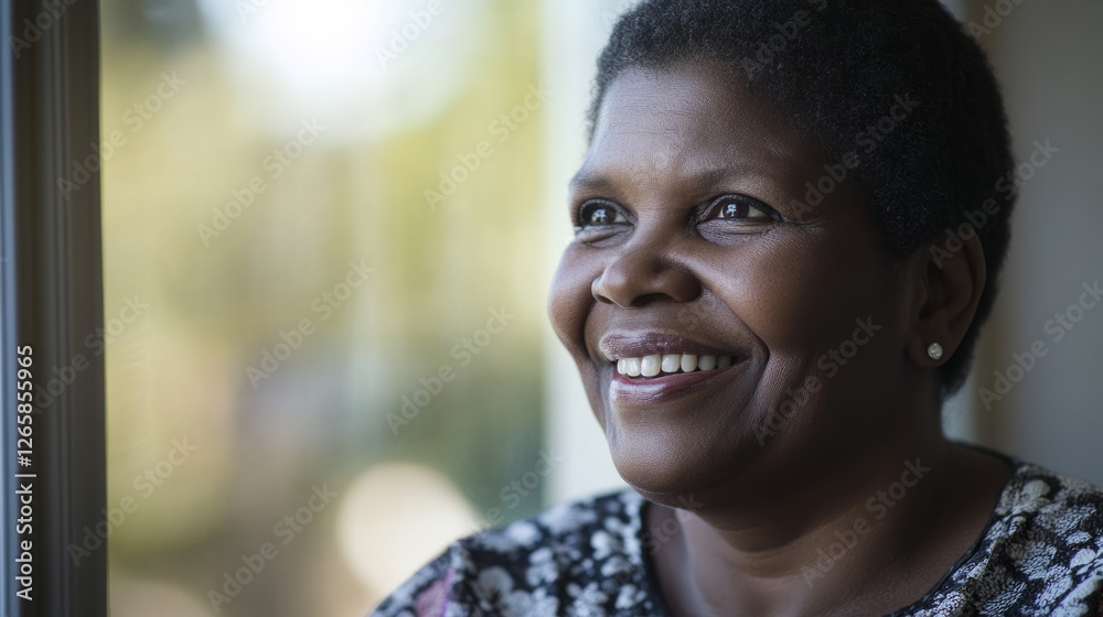 A smiling African American woman exudes warmth and confidence. A smiling African American woman exudes warmth and confidence.