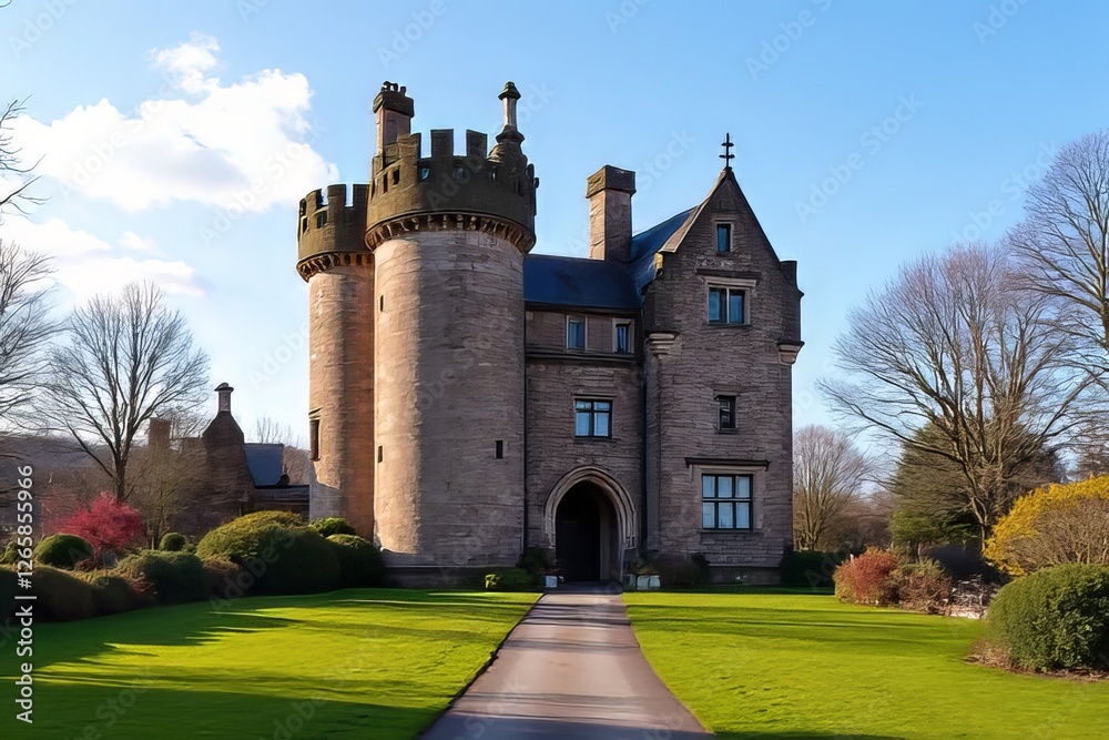 Fototapeta premium Picturesque Stone Castle with Lush Gardens on a Sunny Day