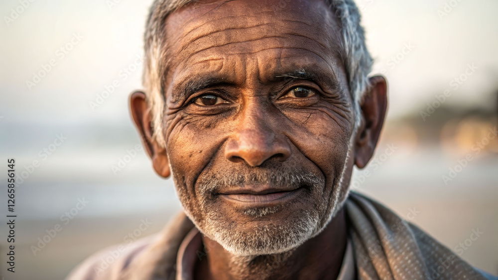 Gentle wisdom of a weathered face capturing kindness by the sea portrait photography calm environment close-up view Gentle wisdom of a weathered face capturing kindness by the sea portrait photography calm environment close-up view