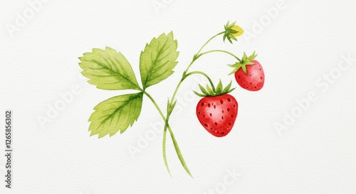 Watercolor strawberry with leaves on white background