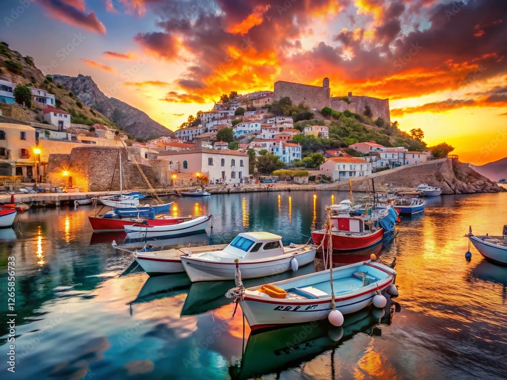 Fototapeta premium Hydra Island Harbor: Colorful Boats at Sunset, Greece