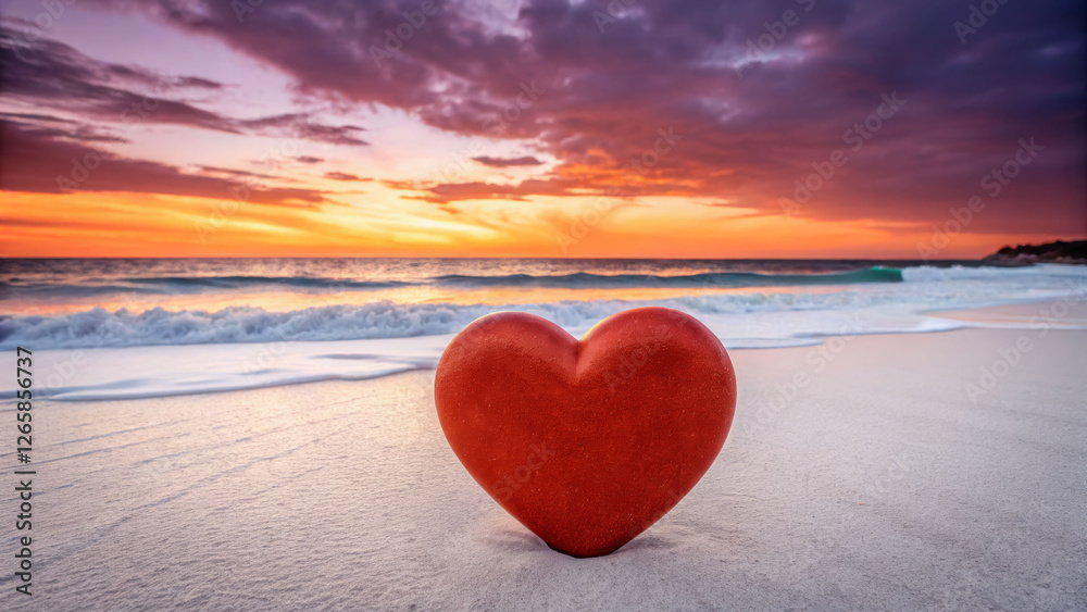 Fototapeta premium Gentle heart-shaped sculpture on vibrant red sand beach at sunset romantic emotions serene landscape