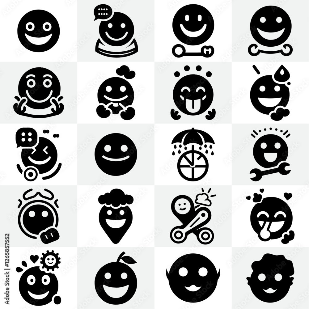 Black and white simple smiley faces emoji icons set