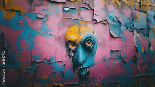 A striking mural featuring a colorful face with intense eyes, blending emotions of intrigue and mystery in an urban setting.