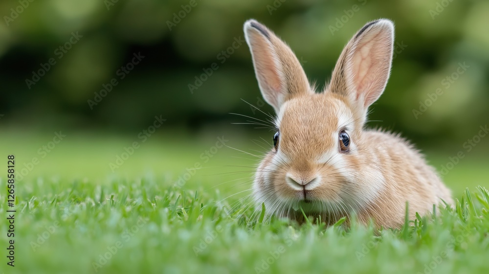 A small rabbit is sitting in the grass, looking up at the camera. The scene is peaceful and calm, with the rabbit being the main focus of the image A small rabbit is sitting in the grass, looking up at the camera. The scene is peaceful and calm, with the rabbit being the main focus of the image