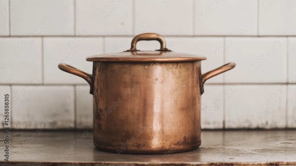 Copper pot on tiled countertop Copper pot on tiled countertop