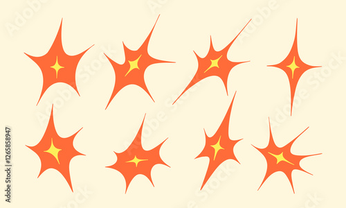 Retro Abstract Starburst Sparkle Shape. A collection of retro-inspired abstract starburst sparkles with warm orange and yellow hues. These dynamic glowing elements are perfect for vintage aesthetics