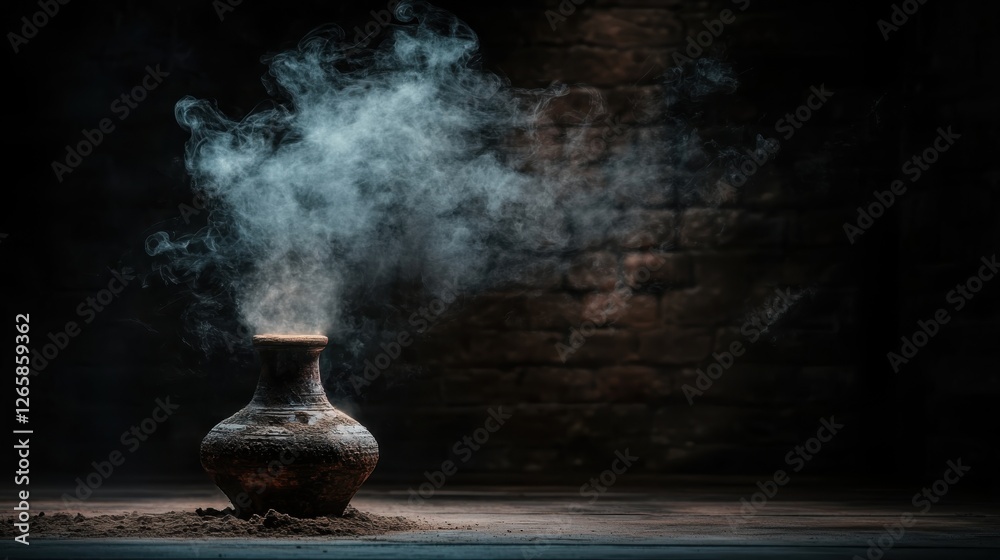 An ancient clay pot on the ground, releasing swirling smoke into the dark atmosphere, creating a mystical and enigmatic impression in this artistic image. An ancient clay pot on the ground, releasing swirling smoke into the dark atmosphere, creating a mystical and enigmatic impression in this artistic image.